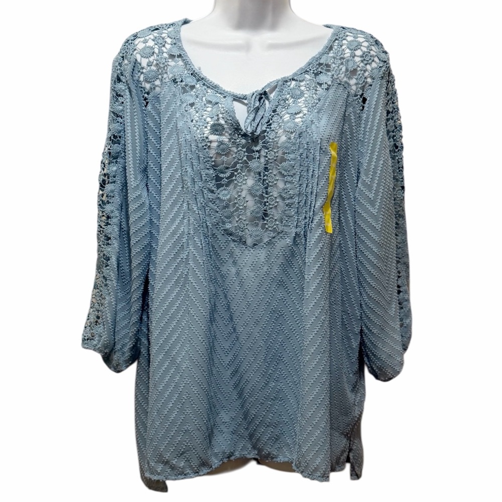 NWT Bohemian Crochet Sheer Lace Bila Top Light Blue Blouse Size Large - Picture 1 of 7